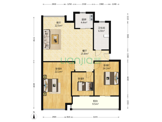 润和天地小区 3室2厅1卫 120平方