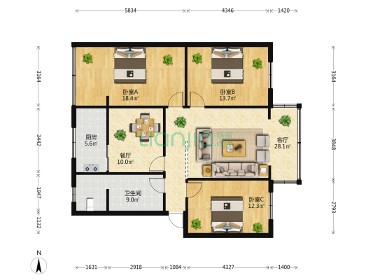白药厂宿舍 3室2厅1卫 101平方