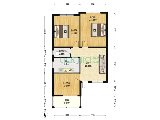 中山西路91号 2室1厅1卫 82平方