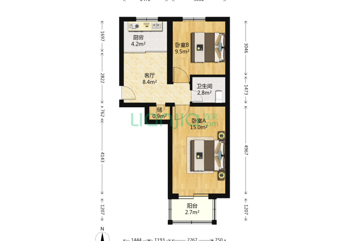2室1厅1卫53.8㎡-北京魏公村小区户型图