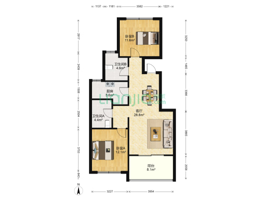 安福家园 2室1厅2卫 105平方