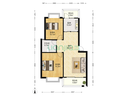 越亚天赐碧园 2室1厅1卫 77平方