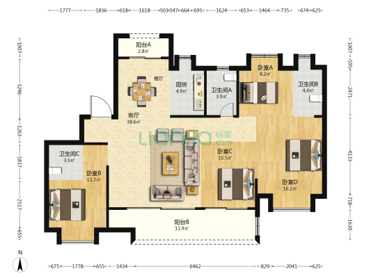 融创保利公园壹号 4室1厅3卫 149平方