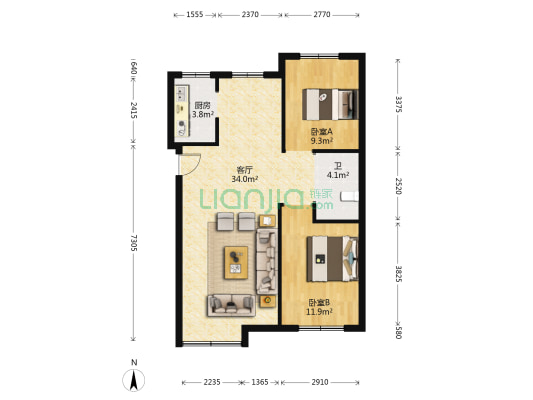 华源公园1号三期 2室1厅1卫 91平方