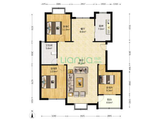 美丽华小区 3室2厅1卫 130平方