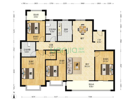 梧桐中舍 4室1厅2卫 167平方