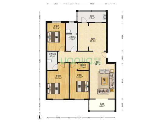 朝阳路 水乡园 南北通透大三居 集中供暖 免费停车-户型图