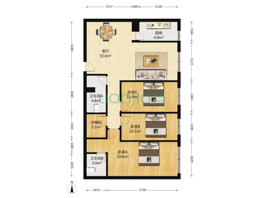 恒昌花园 3室1厅2卫 135平方