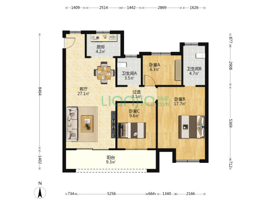 郑州中梁首府壹号 3室1厅2卫 117平方