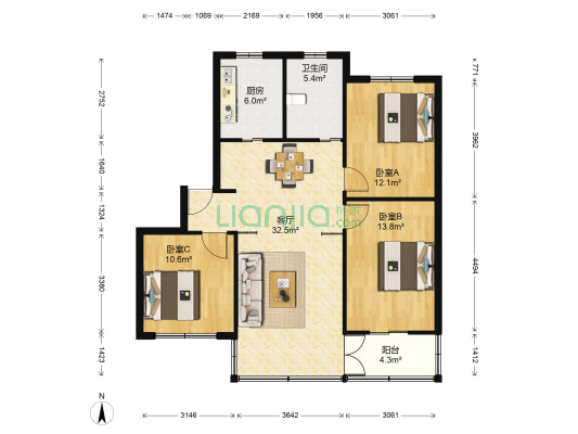 凯旋公寓 3室1厅1卫 117平方