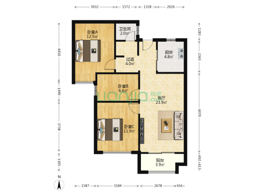 千禧城6号院 3室1厅1卫 92平方