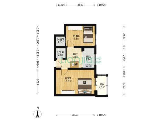 大石桥胡同10号院 2室1厅2卫 50平方