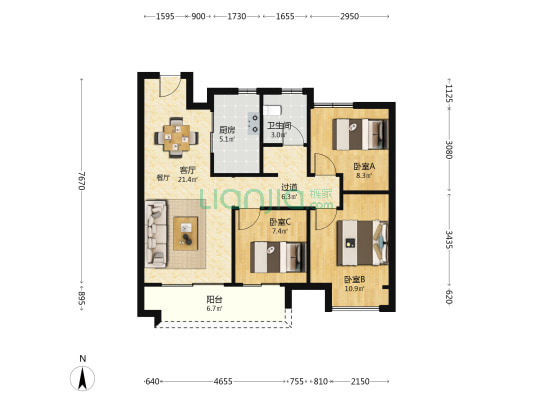万科美景魅力之城清澜园 3室1厅1卫 95平方