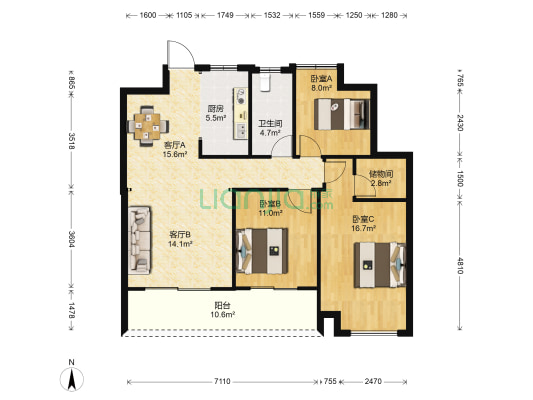 东台桃李天下 3室2厅1卫 105平方