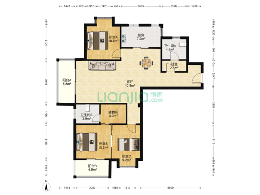 中央大街 3室1厅2卫 136平方