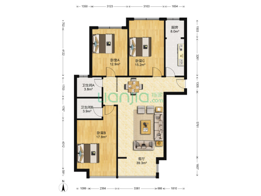 正商瑞钻 3室1厅2卫 129平方