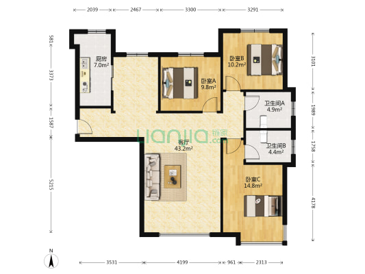 高铁新干线 3室2厅 南 北-户型图
