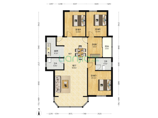 鸿业公寓 4室1厅2卫 132平方