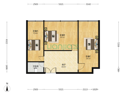 上地科贸大厦 3室1厅1卫 115平方