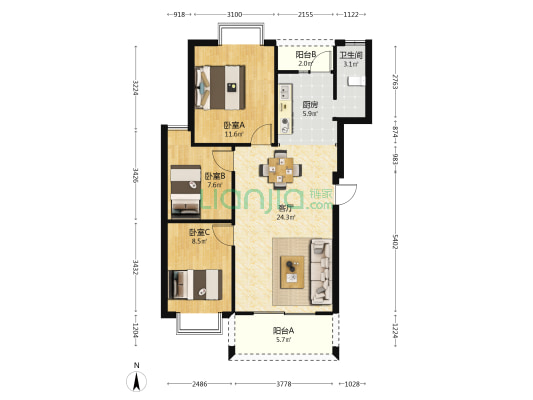 柳沙三兴花园 3室1厅1卫 87平方
