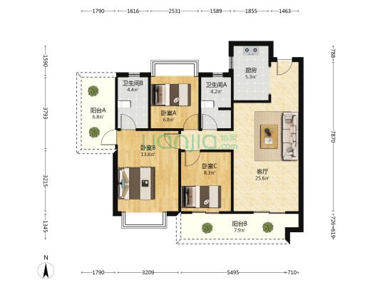 北投溪境 3室1厅2卫 98平方