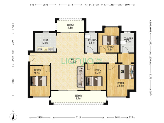 信鸿花园公园里 4室1厅2卫 121平方