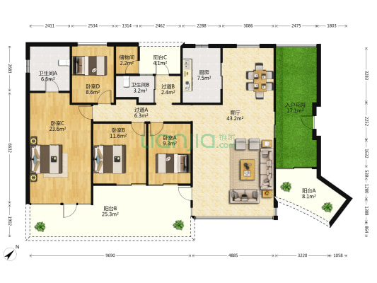 瀚盛花园 4室1厅2卫 167平方