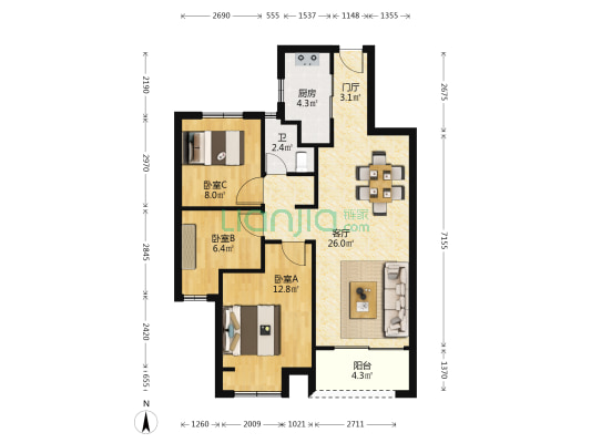 翡翠观澜花苑 3室1厅1卫 89平方