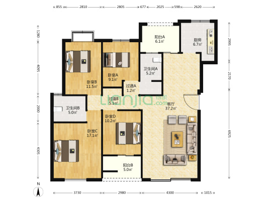 清华大溪地二号院 4室1厅2卫 145平方