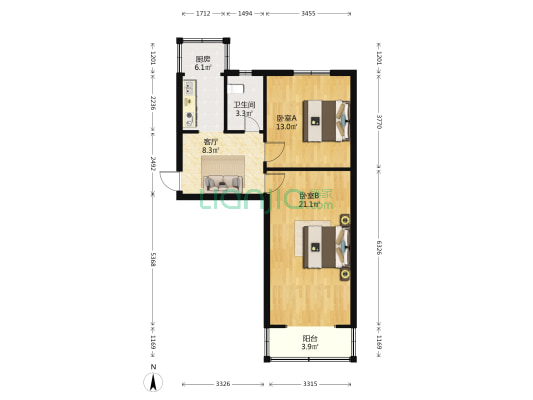 惠民南巷1号院 2室1厅1卫 67平方