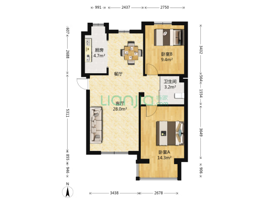 万达华宅 2室1厅1卫 97平方