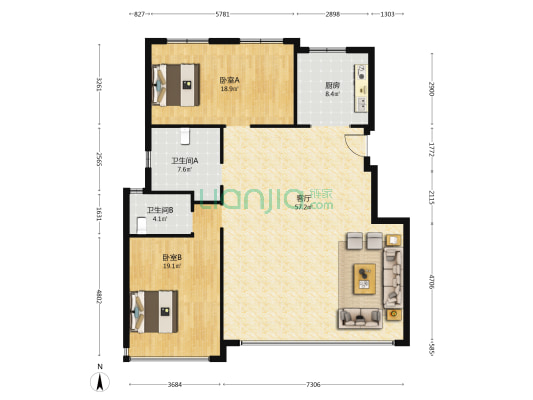 中海臻如府 2室1厅2卫 143平方