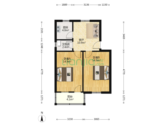 劳动局机关大院宿舍 2室1厅1卫 68平方