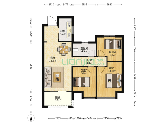 东原阅境 3室1厅1卫 95平方