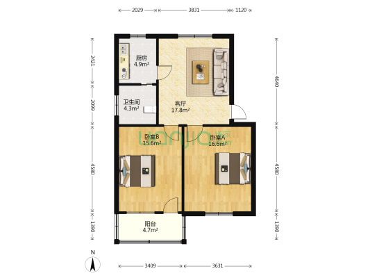 鳌山公寓 2室1厅1卫 76平方