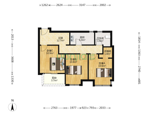 中铁北城时代 3室0厅1卫 83平方