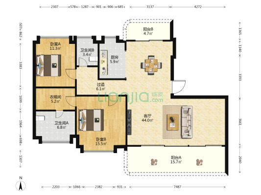 罗牛山·璞域 2室1厅2卫 149平方