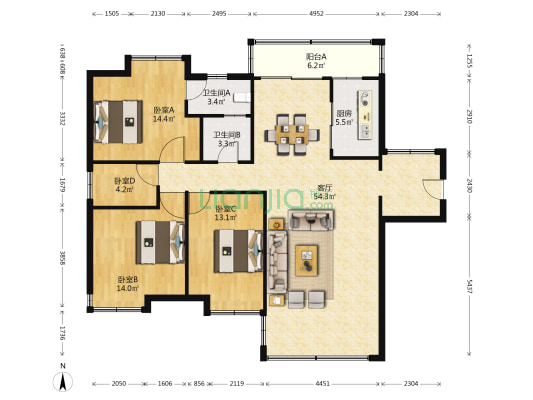 鸿升世纪东方城 4室1厅2卫 135平方