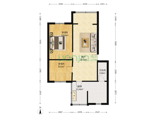 一环路南三段64号 2室1厅1卫 85平方
