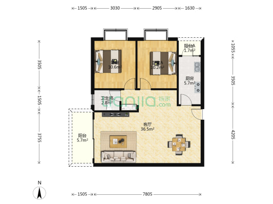 汇丰国际 2室1厅1卫 91平方