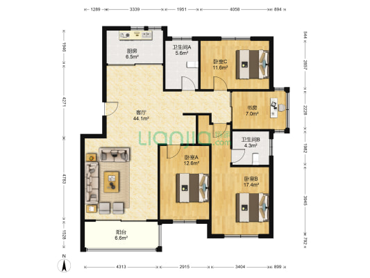 硕辉苑 4室1厅2卫 136平方