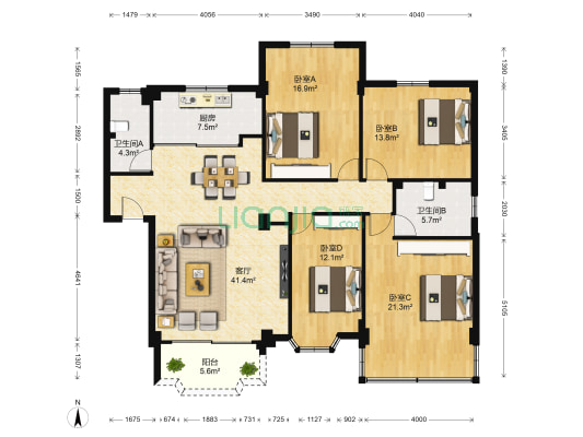 华侨新村 4室1厅2卫 125平方