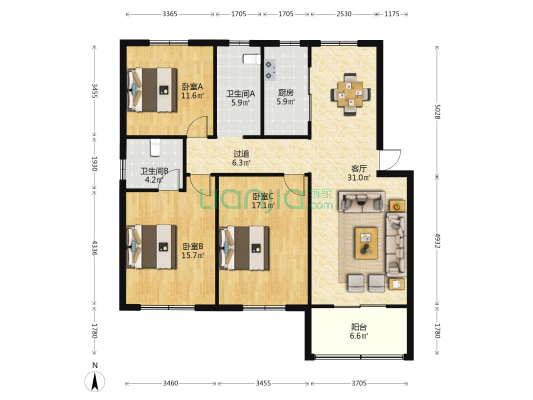 和谐路社区和谐小区 3室1厅2卫 120平方