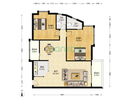 宏翠豪苑 2室1厅2卫 107平方