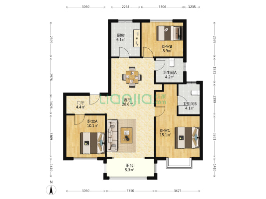 绿地IFC中央公馆B13区 3室1厅2卫 126平方