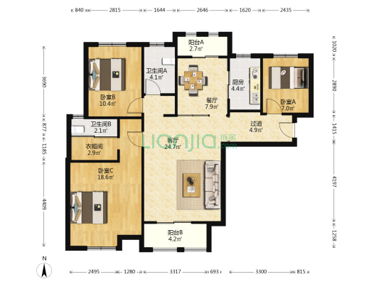 湖景佳园 3室2厅2卫 132平方