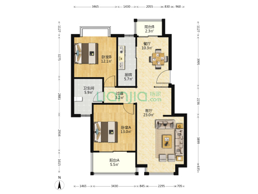 枫景苑 2室2厅1卫 97平方