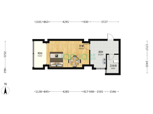 恒丰新都 1室0厅1卫 52平方