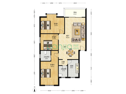 宝山北路217号 3室1厅2卫 126平方