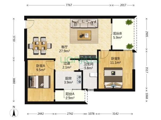 上行汇锦 2室1厅1卫 83平方